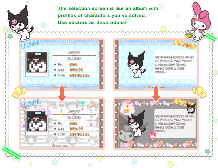 The selection screen is like an album with profiles of characters you've solved.Use stickers as decorations!